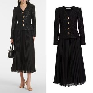 NWT Self-Portrait Tinsel Bouclé Chiffon Midi-Dress in Black $670 - Size 4‎